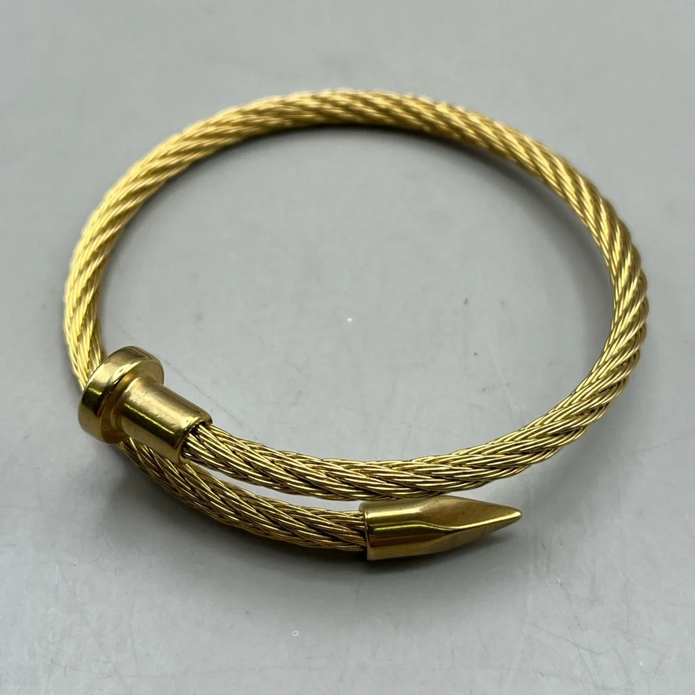 Edgy Gold Tone Twisted Cable Wire Bracelet- Modern Industrial Chic